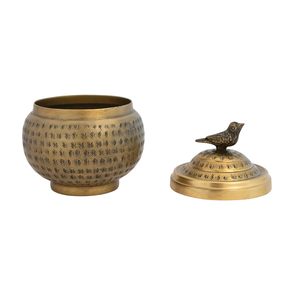 Jarra decorativa de metal martillado con tapa de pájaro Acabado en latón - Product Image 3