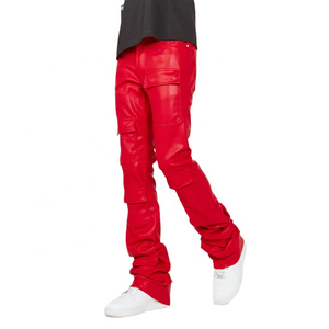 Pantalon en simili cuir PU empilé avec logo personnalisé OEM Streetwear Pantalon en cuir évasé Hip Hop Pantalon en cuir mince personnalisé de haute qualité - Product Image 5