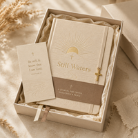 LABON Still Waters Journal de prière spirituelle, carnet chrétien à couverture rigide en lin avec motif croix soleil doré, avec onglets pour versets et breloque