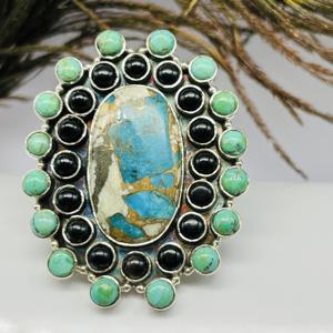 Oyster <b>Copper</b> Turquoise 925 Sterling Silver Vintage Neogothic Bezel Setting Ring Handmade Designer Oval Cut Wedding Party - Product Image 6