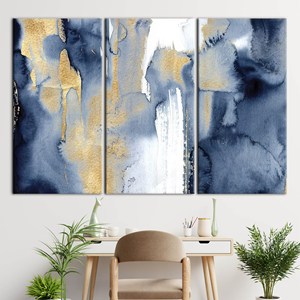 Impresión en lienzo de arte abstracto moderno en azul marino y dorado, 3P: estirado sobre lienzo tipo galería - Product Image 1