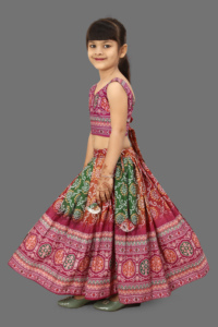 Ensemble Lehenga Choli Traditionnel Shoryam Fashion Bandhani Rose pour Enfants |   Robe longue pour filles, séchage rapide, pour Diwali, mariage, fête, 2-8 ans - Product Image 5