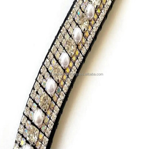 Forma de onda, venta al por mayor, banda para cejas de caballo de cuero genuino negro, 5 filas, cristales transparentes dorados, perlas, diamantes de imitación, bandas para cejas ostentosas - Product Image 2