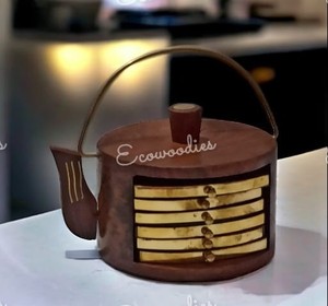 Handmade Wooden Tea <b>Coffee</b> Round Wooden Coaster Set of 6 With Kattle Shape Brass & Wood <b>Stand</b> Elegant Handicraft Dinnerware - Product Image 1