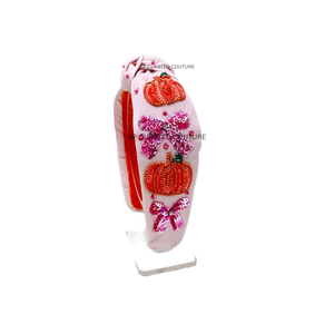 Bandeaux de style Halloween de conception de citrouille à la mode avec des perles de verre de rocaille en tissu faites à la main pour les filles en gros - Product Image 1