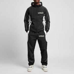 Top tendance personnalisé couleur bloc Patchwork cordon imprimé haute rue Style hiver hommes course survêtement à capuche pantalon ensemble - Product Image 4