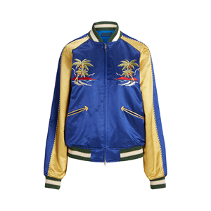 Women's Satin Varsity <b>Jacket</b> Blue Gold Embroidery Palm Tree Design Zipper Front Full Sleeve Autumn Wear - Product Image 2