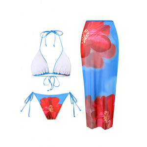 PASUXI Floral Conjunto de bikini de 3 piezas con falda larga Lazos ajustables Traje de baño de <span class=keywords><strong>playa</strong></span> Logotipo personalizado Traje de baño de lujo - Product Image 4