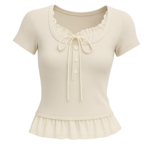 Blusa de punto dulce de encaje transpirable para mujer de estilo coreano Top ajustado de manga corta con dobladillo de cuello con volantes - Product Image 3