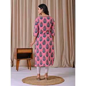 Kurti Rosa de Algodón con Estampado de Bloques, Corte Recto, para Uso Diario y Fiestas, Estilo Saree Indio, Ropa India Cosida al Estilo Pakistaní - Product Image 3