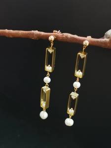 Longues boucles d'oreilles pendantes en laiton perle d'eau douce bijoux faits main géométriques modernes minimalistes - Product Image 4