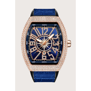Reloj de Lujo para Hombre con Movimiento de Cuarzo Shanghai, Caja Rectangular, Incrustaciones de Diamantes, Correa de Cuero Azul y Oro Rosa, Caja Metálica - Product Image 1