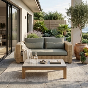 Natural Woven <b>Rattan</b> Outdoor 2 Seater <b>Sofa</b> Grey Cushion Wide Track Arm Loveseat Patio Setup Decor Pure Art Room Design - Product Image 4
