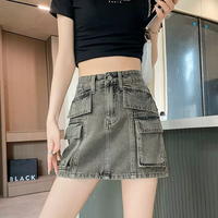 Jupe-short en jean vintage taille haute respirante 100 % coton délavé moyen coupe droite multi-poches à motifs diamants pour femme