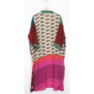 Kimono indio Vintage de seda 100% hecho a mano, bata Sari, camisón de verano para mujer, cuello en V cosido a mano, mangas tres cuartos - Product Image 3