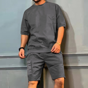 <b>Men</b> Two Piece Set Casual T Shirt And <b>Shorts</b> Solid Color Outfit Summer Streetwear Cotton Blend Lounge Tracksuit - Product Image 2