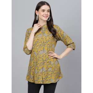 Divena Mustard Floral Imprimé Rayon A-Line Chemises Stylish Outdoor Tops - Product Image 6