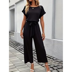 Mono aeróbico con cuello redondo y manga corta para mujer, cintura elástica y bolsillos, 37232 - Negro - Product Image 2