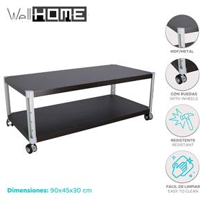 Mesa de centro de metal con ruedas, acabado Wenge, 90x45x30cm - Product Image 2