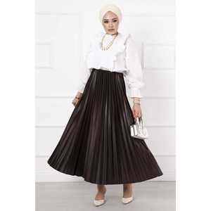 Jupe longue modeste en satin marron plissée avec taille naturelle - Product Image 3