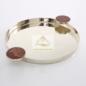 Plateau en métal et marbre de forme ronde unique couleur or métal et dessus en marbre blanc décoratif qualité exclusive pour centre de table - Product Image 2