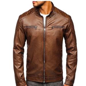เสื้อแจ็คเก็ตหนังผู้ชายขายดี สีพื้น คอตั้ง พร้อมโลโก้ด้านหน้า - Product Image 3