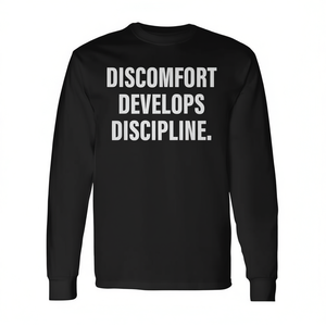 Maglietta a Maniche Lunghe Unisex Nera con Scritta 'Discomfort Develops Discipline', Girocollo, Promozionale - Product Image 2