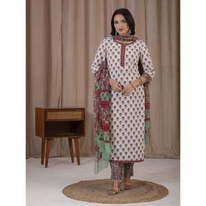 Casual White Red Hand Block Printed Cotton Kurta Pant Set - Product Image 5