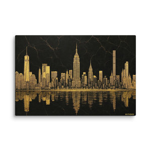Toile rectangulaire XL Golden Skyline noire et or, paysage urbain, design Art déco contemporain pour salon, encadrée avec cadre en métal - Product Image 1