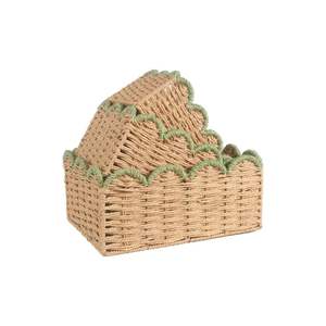 Panier tissé à la main à bord festonné - Plateau de rangement en herbe de mer naturelle avec bordure verte Organisateurs décoratifs emboîtables pour la maison et le bureau - Product Image 1