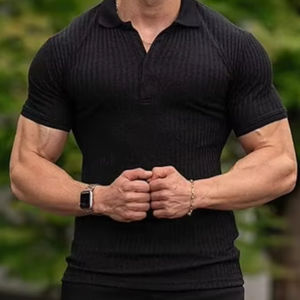 Camisas musculosas con cuello para hombre, polos ajustados de punto acanalado, camisetas de manga corta con cuello en V para hombre, camisetas informales con estilo, Jersey sólido PK - Product Image 2