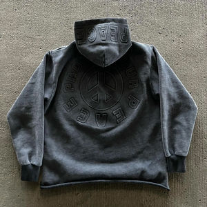 Custom 100%Cotton Acid Wash Vintage Hoodies Men Distressed Embroidery <b>Applique</b> <b>Patch</b> 3D Embossed Winter Cropped Pullover Hoodie - Product Image 2