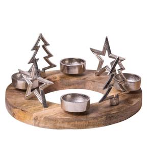 <b>Christmas</b> Metal Star <b>Tree</b> 4 Tealight Holder Modern Silver Aluminium <b>Candle</b> Holder With Wood Base Festive Tabletop Home Decor - Product Image 2