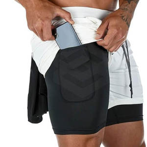 Pantalones cortos atléticos de doble capa de cintura media con logotipo personalizado, patrón sólido de secado rápido, alta calidad, precio económico, novedad - Product Image 2