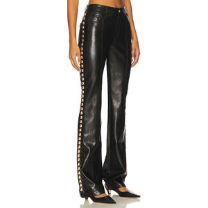 Top High Waist Black PU Leather Wide Leg Pants With Gold Rivet Trim Moto Style Full Length Loose Fit Autumn Wear - Product Image 1