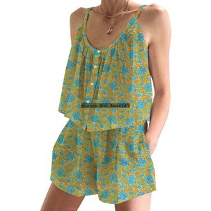Indian 100% Pure Cotton <b>Pyjama</b> Women Cotton PJ Shorts Pajama Set Spring/<b>Summer</b> Floral Fitted Strappy Sleeveless PJ Set - Product Image 2