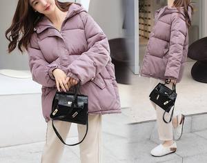 Chaqueta acolchada con capucha morada suelta para mujer, estilo corto, cálida, informal, a la moda, ecológica, impermeable, crudo, para clima frío, largo invierno - Product Image 5