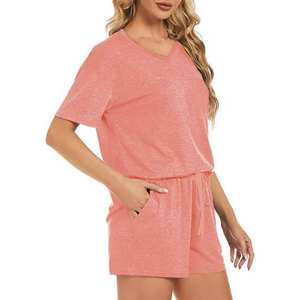 Women's Sets Summer Solid Casual <b>Short</b> Sleeves Tops <b>Shorts</b> Set Two Piece Jumpsuit 100% Cotton V neck OEM Service Plain Oversized - Product Image 1
