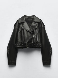 Custom Faux PU Leather Short Jacket Belted Motorcycle Biker Style with <b>Zipper</b> Lapel, Loose Fit <b>Coat</b>/Outerwear - Product Image 1