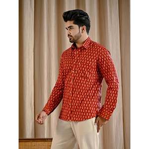 Chemise décontractée pour homme, coupe ajustée, rouge, en coton imprimé, style décontracté chic, manches longues, tissu popeline respirant, tailles du XL au 6XL - Product Image 4