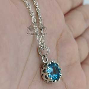 Handmade Dainty Blue Topaz 925 Sterling <b>Silver</b> Pendant Chain Necklace Gemstone <b>Locket</b> Gift for Her Birthday Anniversary Amethyst - Product Image 5