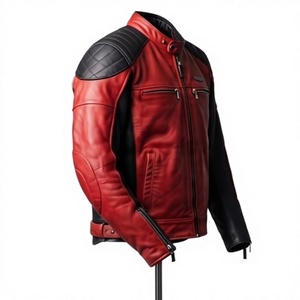 Custom <b>Leather</b> Men <b>Jacket</b> Motorcycle Style Biker Coat Red Black Patchwork Full Sleeve Outerwear - Product Image 2