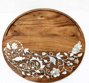 Motif floral Dernier cadeau du Ramadan Eid Plateau rond en bois d'acacia avec incrustation de chocolat Plateau de service à dessert en nacre - Product Image 1