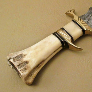 Handmade Damascus Hunting <b>Knife</b> Fixed <b>Blade</b> Camel Bone Handle Serrated Edge OEM Customizable Camping Carry Sheath - Product Image 3