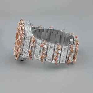 Montre mécanique élégante de luxe automatique en cuir et acier inoxydable HipHop personnalisée en or rose avec diamants VVS, verre analogique haut de gamme, nouvelle - Product Image 2