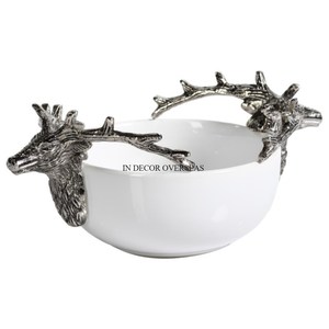 ชามเหล็กเคลือบผงสีขาวมาใหม่พร้อมที่จับสำหรับนักออกแบบหน้ากวางขัดเงาสีเงิน - Product Image 1