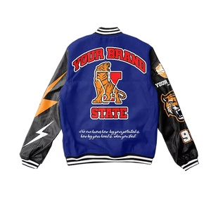 Personnalisez votre veste universitaire unisexe en laine bleue avec manches en cuir, logo de tigre de basketball, impression par sublimation, décontractée, automne - Product Image 3