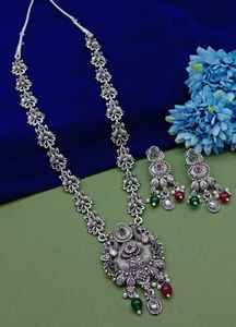 DERNIER DESIGNER À LA MODE ABD TRADITIONNEL OXYDSIDE ARGENT NOIR MENTAL BIJOUX LONG PENDENTIF COLLIER ENSEMBLE POUR FEMMES ET FILLES - Product Image 3