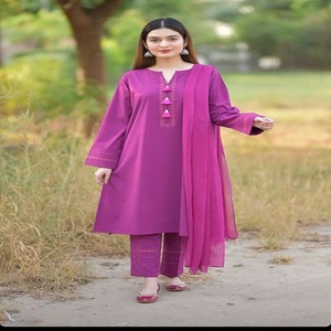 Wholesale Women's Indian Pakistani Style 3-Piece Stitched Linen Salwar Kameez in Yellow V-Neck Shirt Embossed Printed Trouser - Product Image 3
