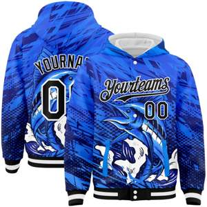 Bomber personnalisé Royal Black-White Marlin Fish Fishing 3D Full-Snap Varsity Letterman Hoodie Jacket - Product Image 1